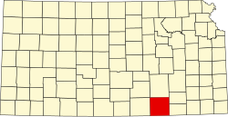 Map of Kansas highlighting Cowley County